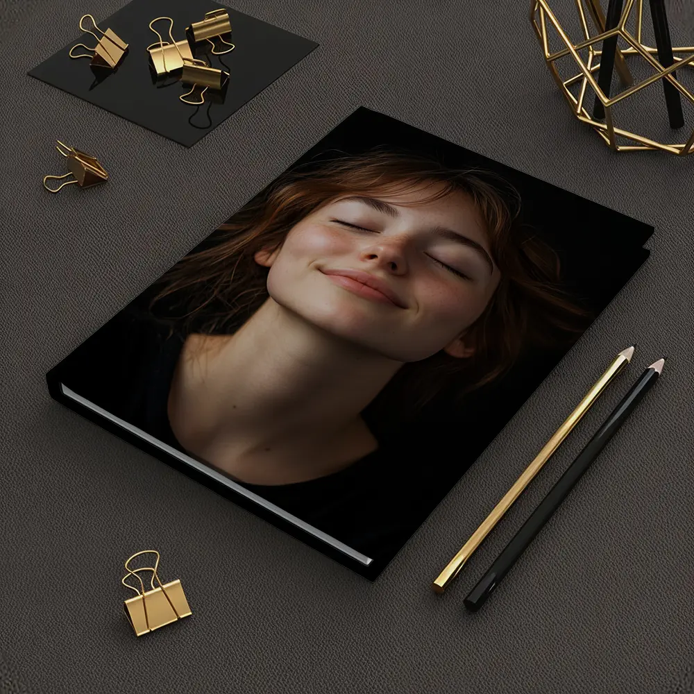 Young Woman Smiling Eyes Closed Dark Background – Notebooks