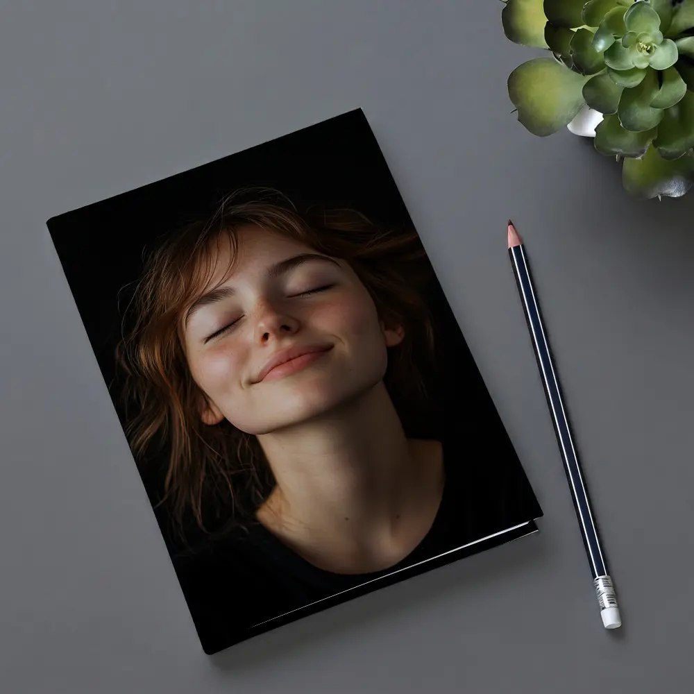 Young Woman Smiling Eyes Closed Dark Background – Notebooks