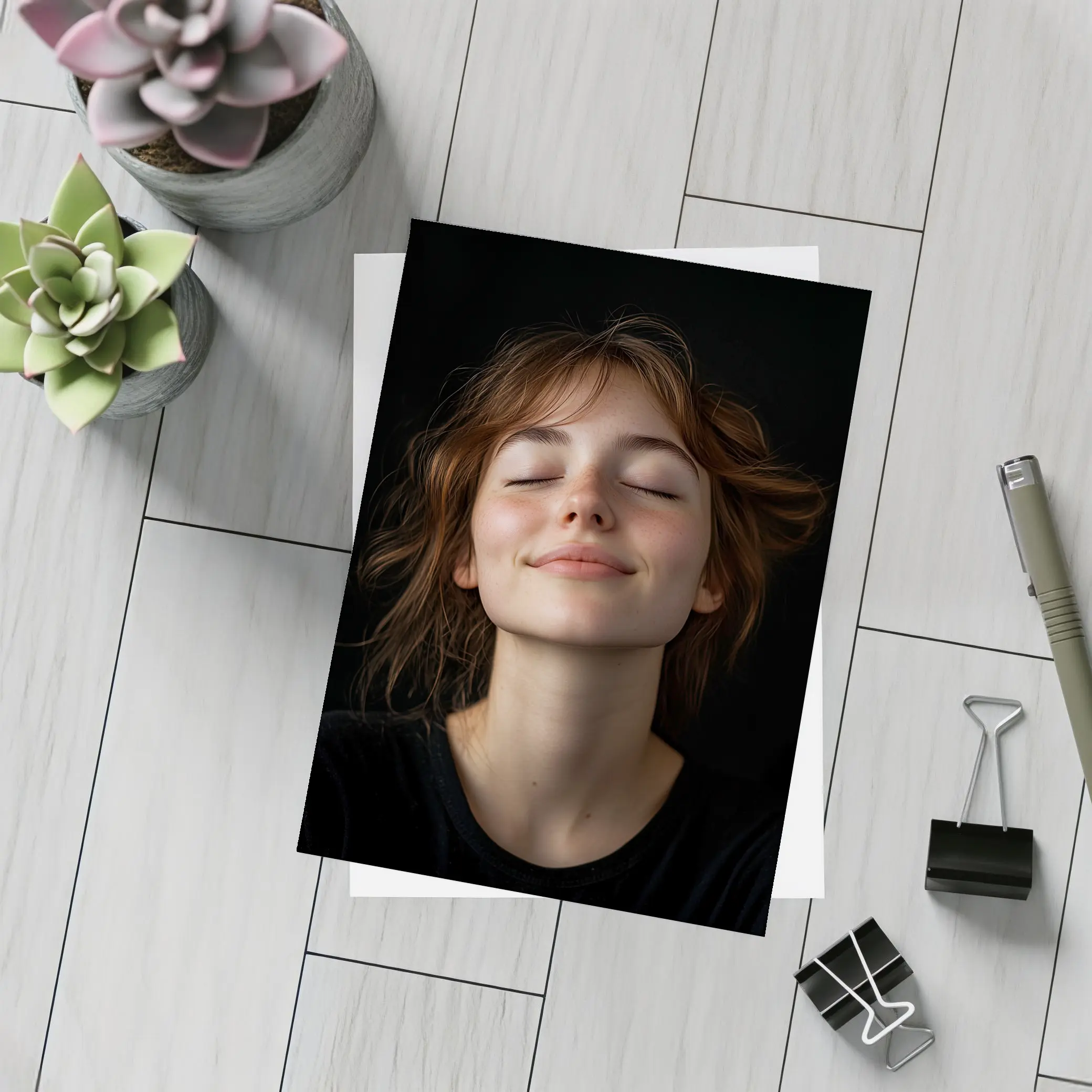 Young Woman Smiling Eyes Closed Dark Background – Postcards