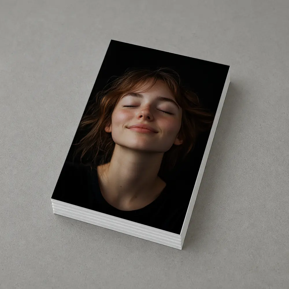 Young Woman Smiling Eyes Closed Dark Background – Postcards