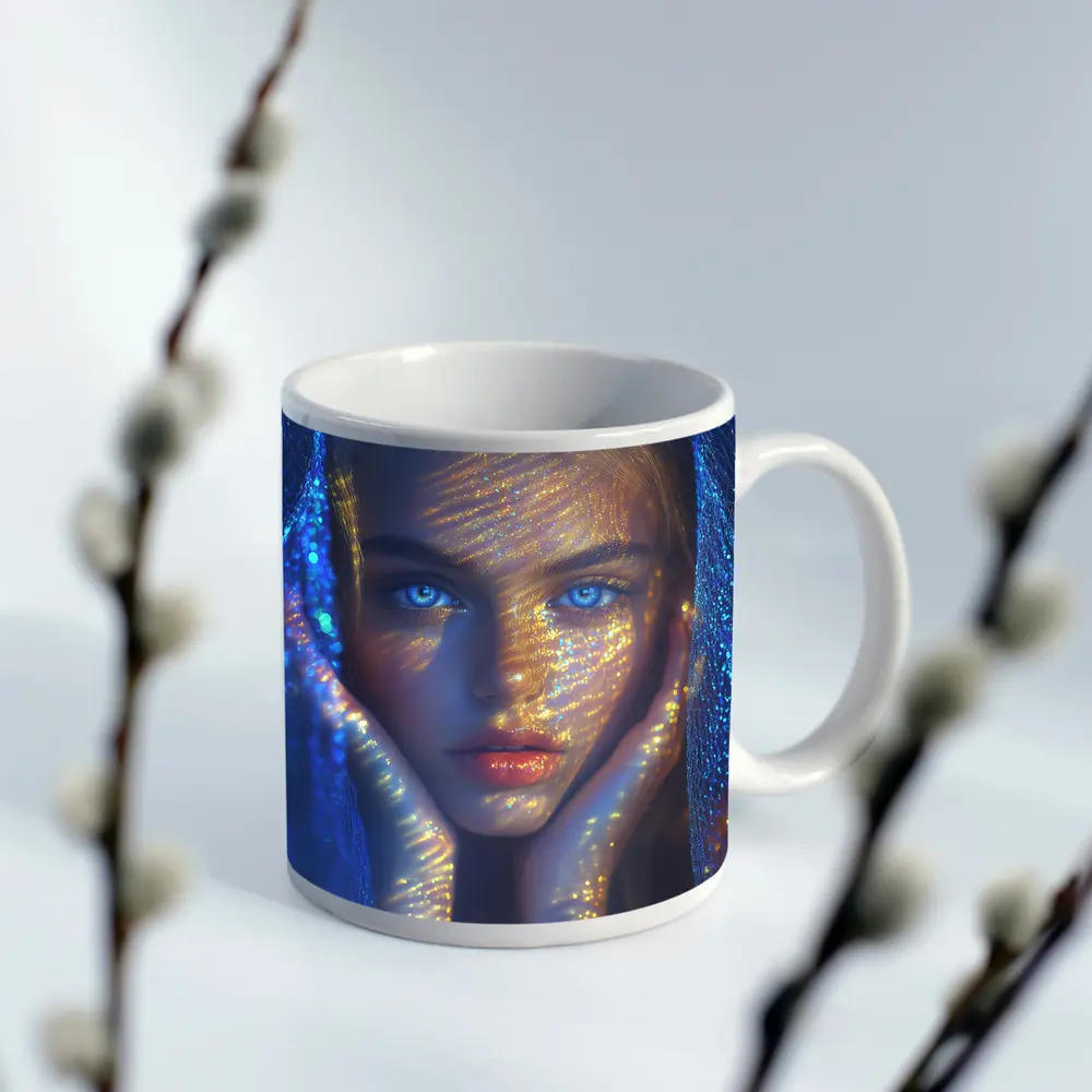 Blue Eyed Woman Golden Light Fantasy Portrait – Mugs