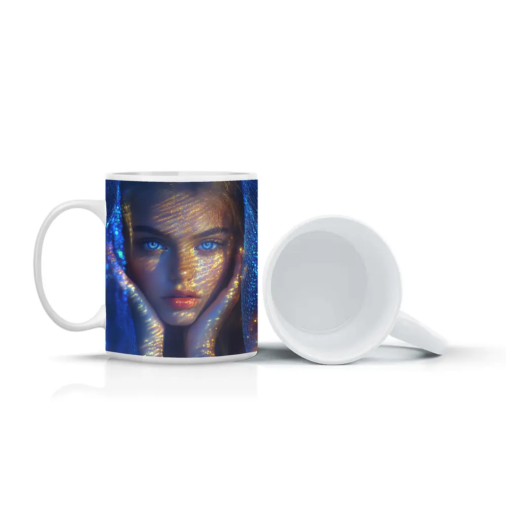 Blue Eyed Woman Golden Light Fantasy Portrait – Mugs