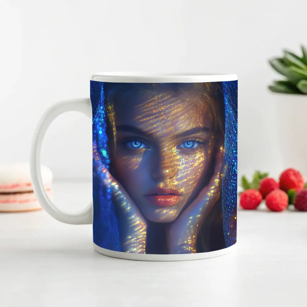 Blue Eyed Woman Golden Light Fantasy Portrait – Mugs