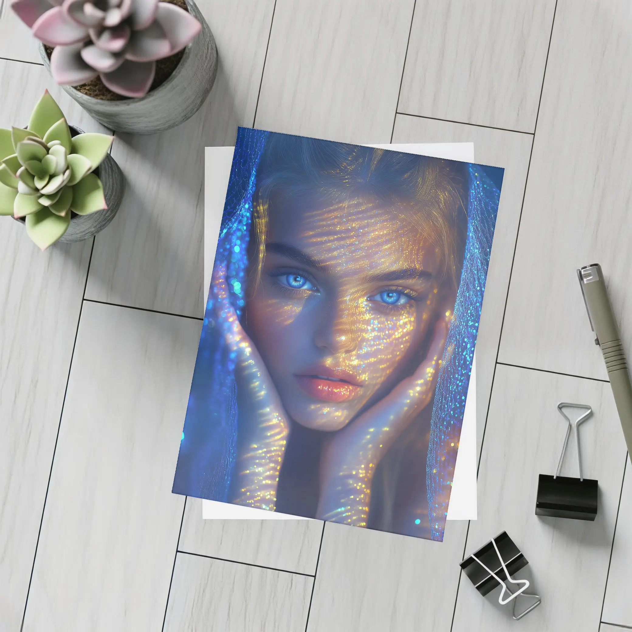 Blue Eyed Woman Golden Light Fantasy Portrait – Postcards
