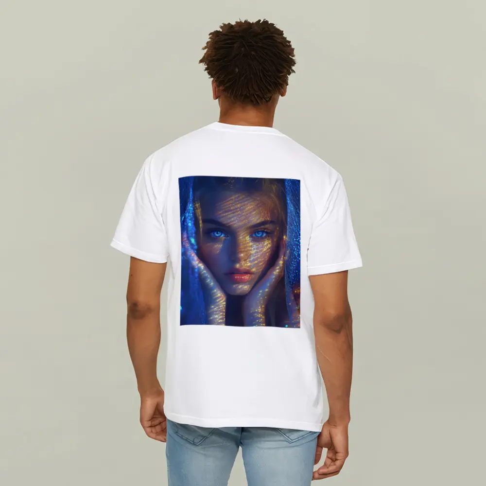 Blue Eyed Woman Golden Light Fantasy Portrait – T-Shirts