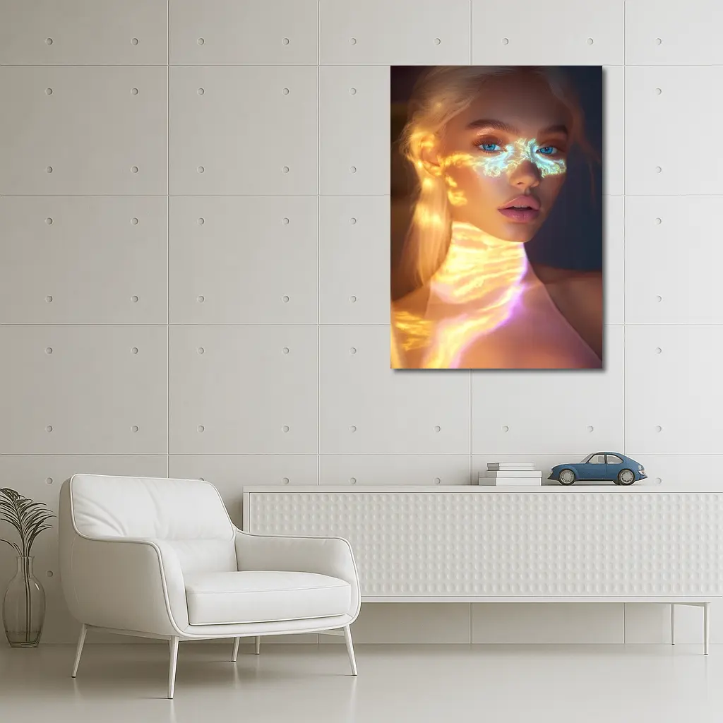 Blonde Woman Neon Light Portrait Art – Wall Art