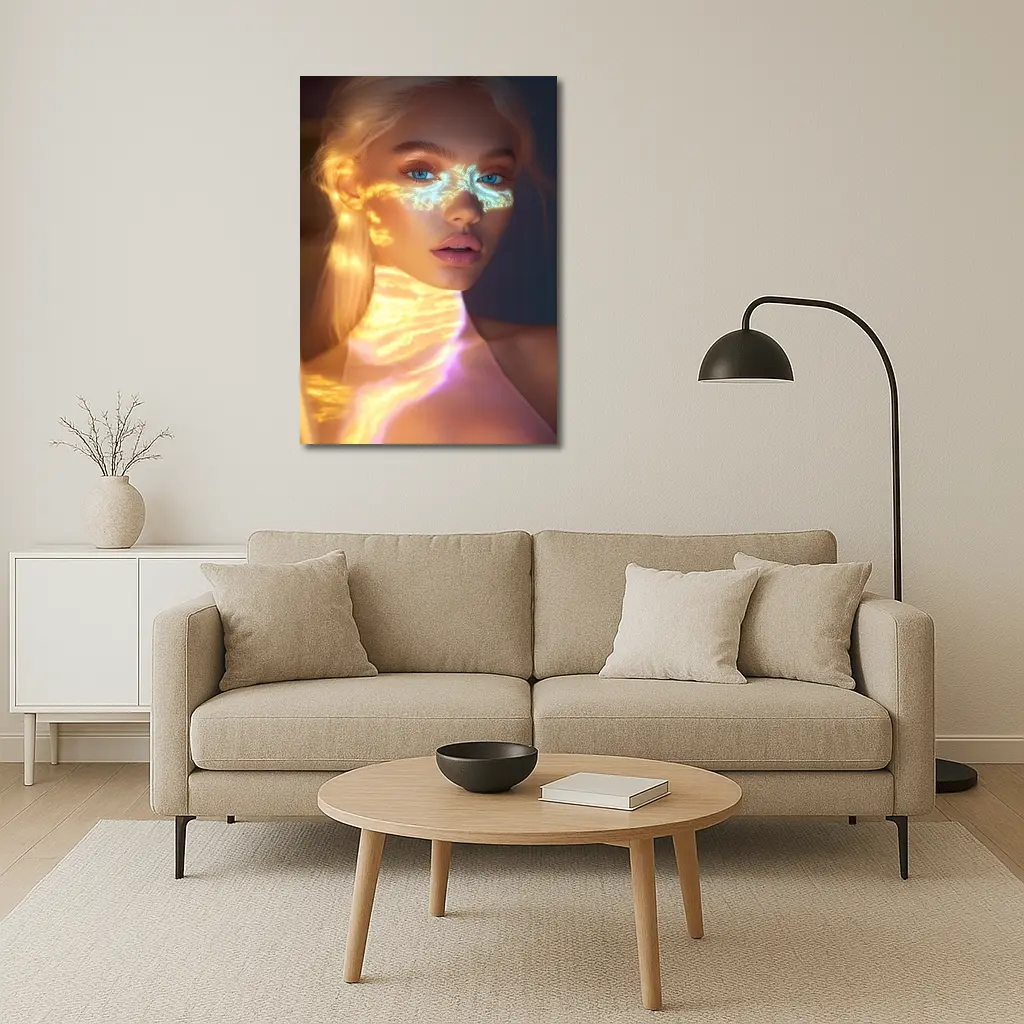 Blonde Woman Neon Light Portrait Art – Wall Art