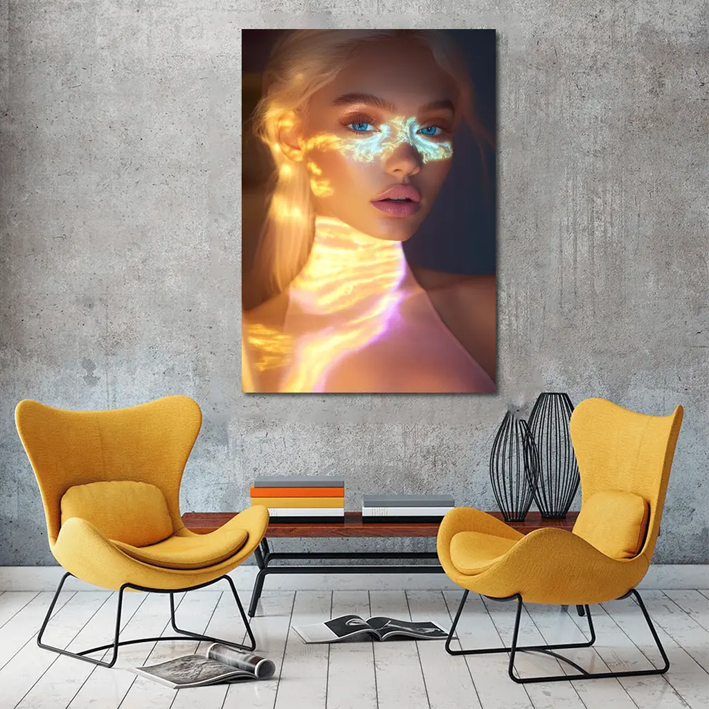 Blonde Woman Neon Light Portrait Art – Wall Art