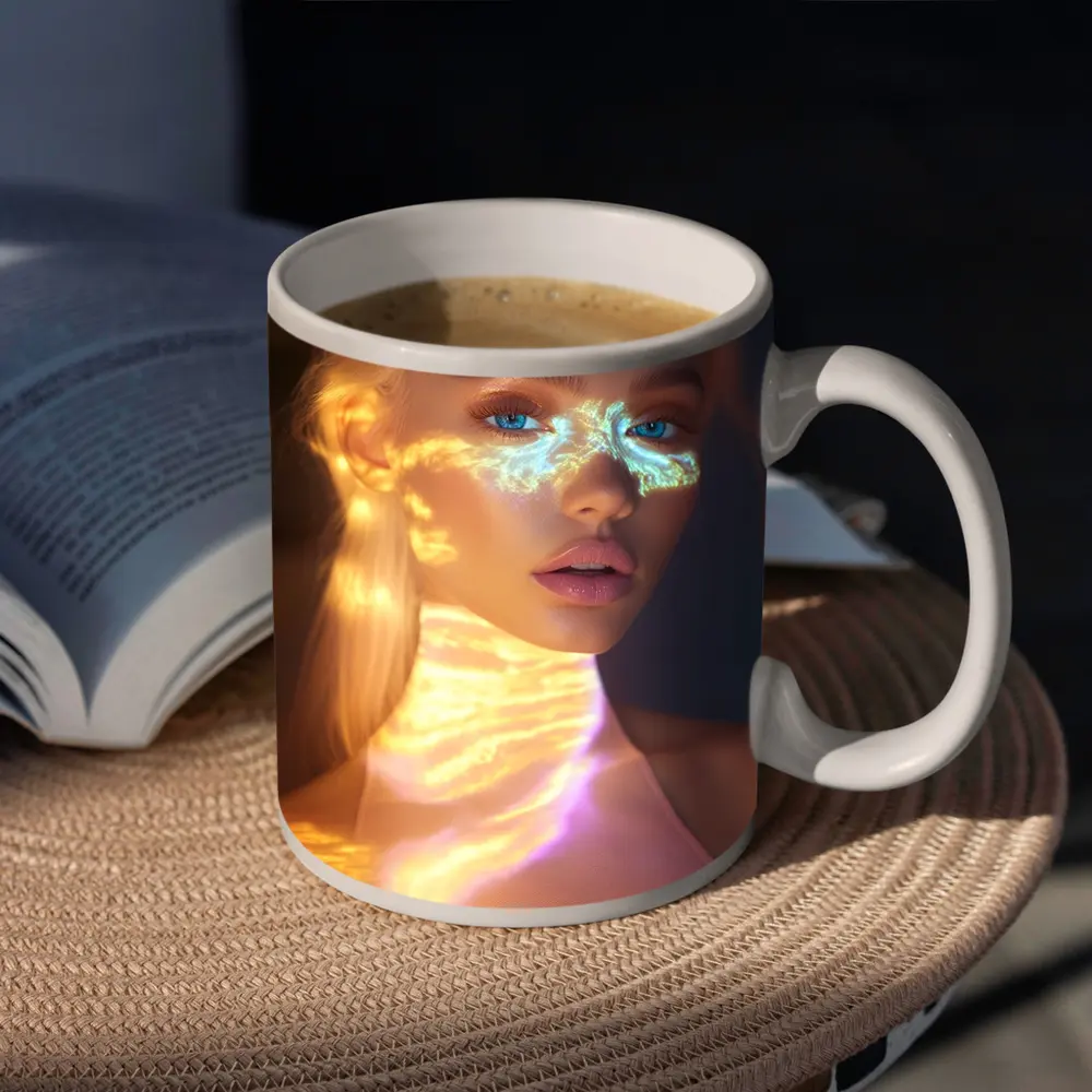 Blonde Woman Neon Light Portrait Art – Mugs
