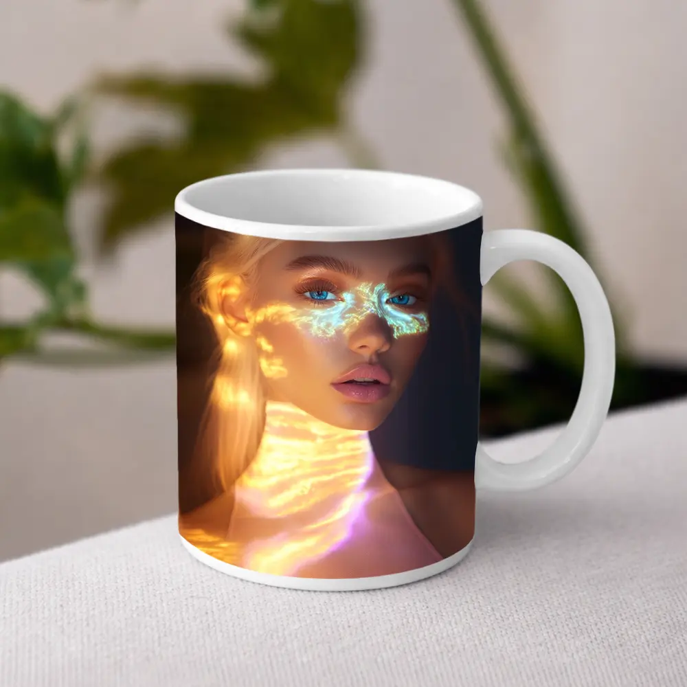Blonde Woman Neon Light Portrait Art – Mugs