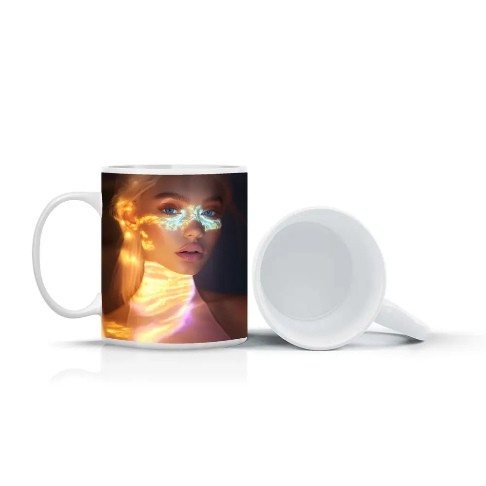 Blonde Woman Neon Light Portrait Art – Mugs