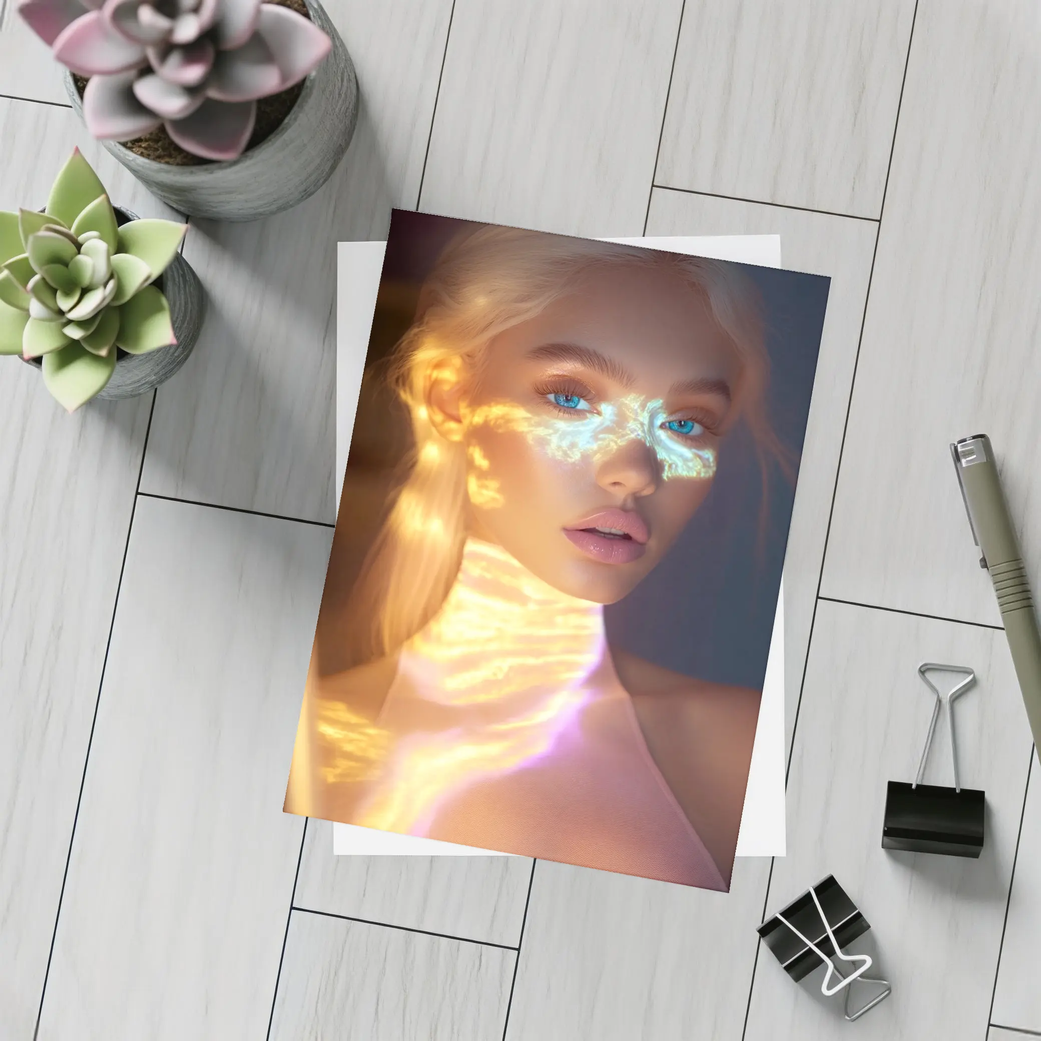 Blonde Woman Neon Light Portrait Art – Postcards