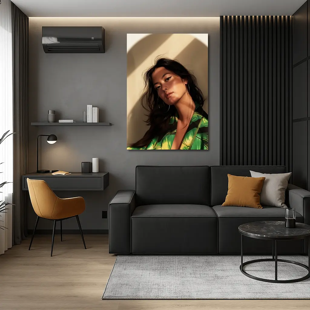 Young Woman Green Tropical Shirt Warm Light – Wall Art
