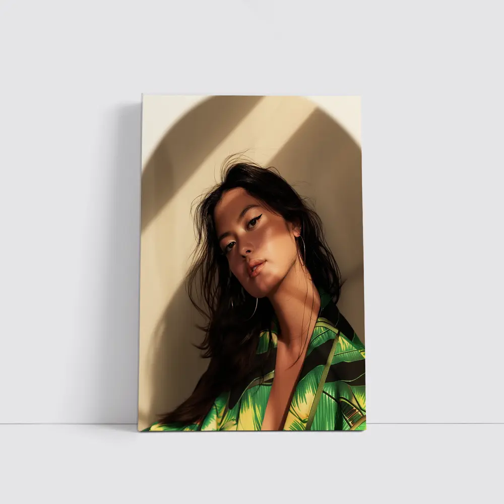 Young Woman Green Tropical Shirt Warm Light – Wall Art