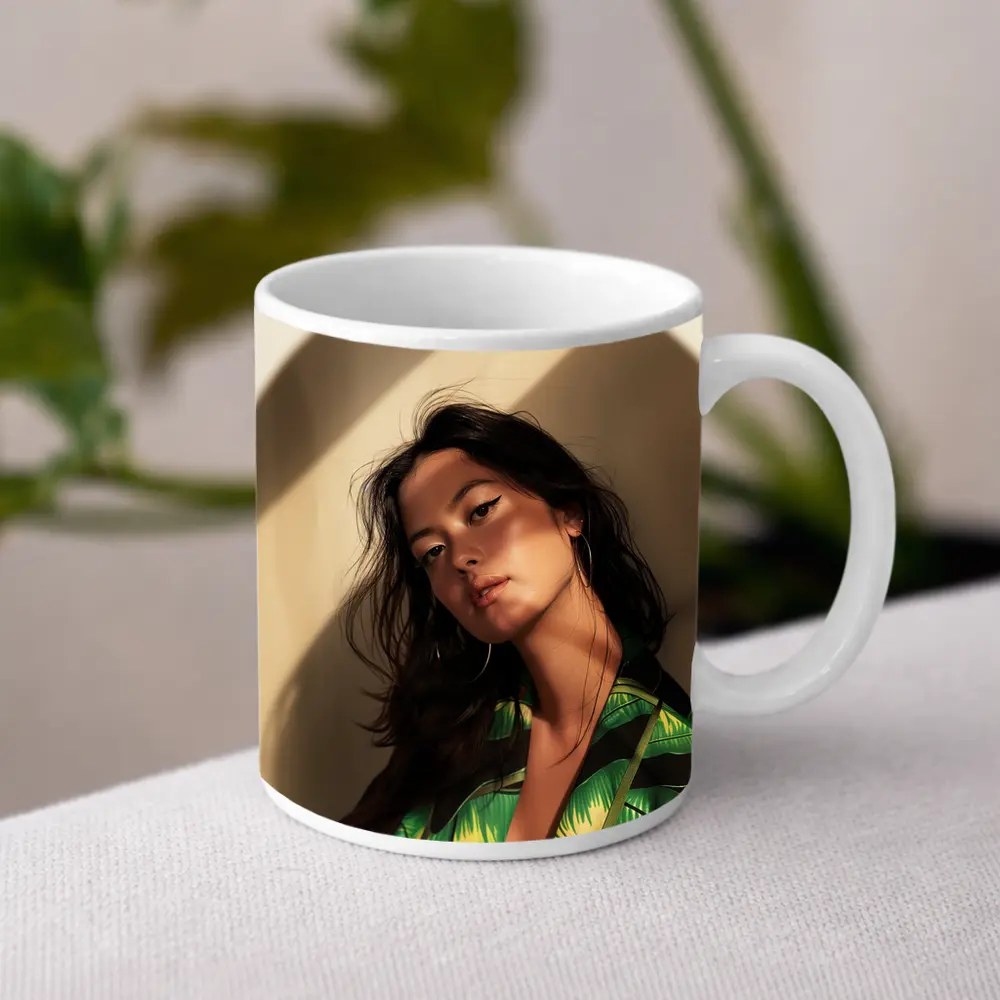 Young Woman Green Tropical Shirt Warm Light – Mugs