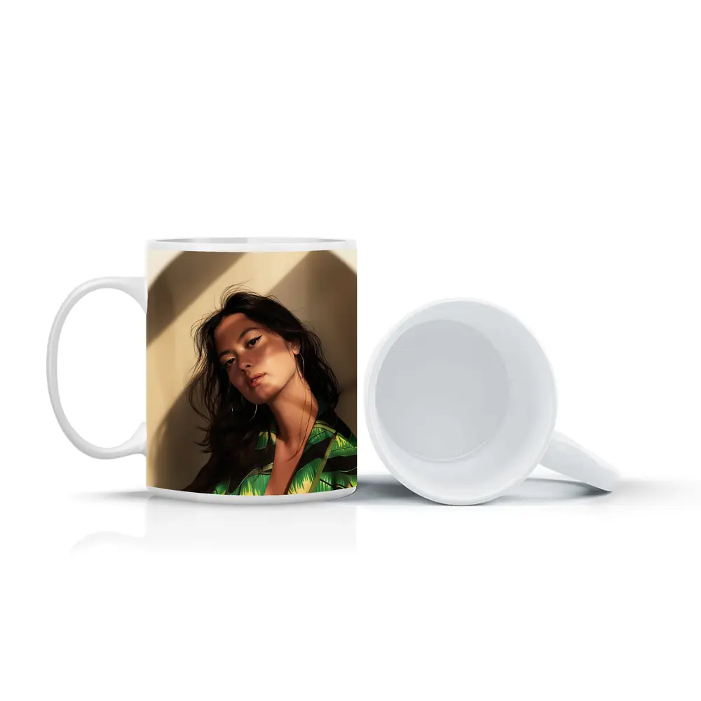 Young Woman Green Tropical Shirt Warm Light – Mugs