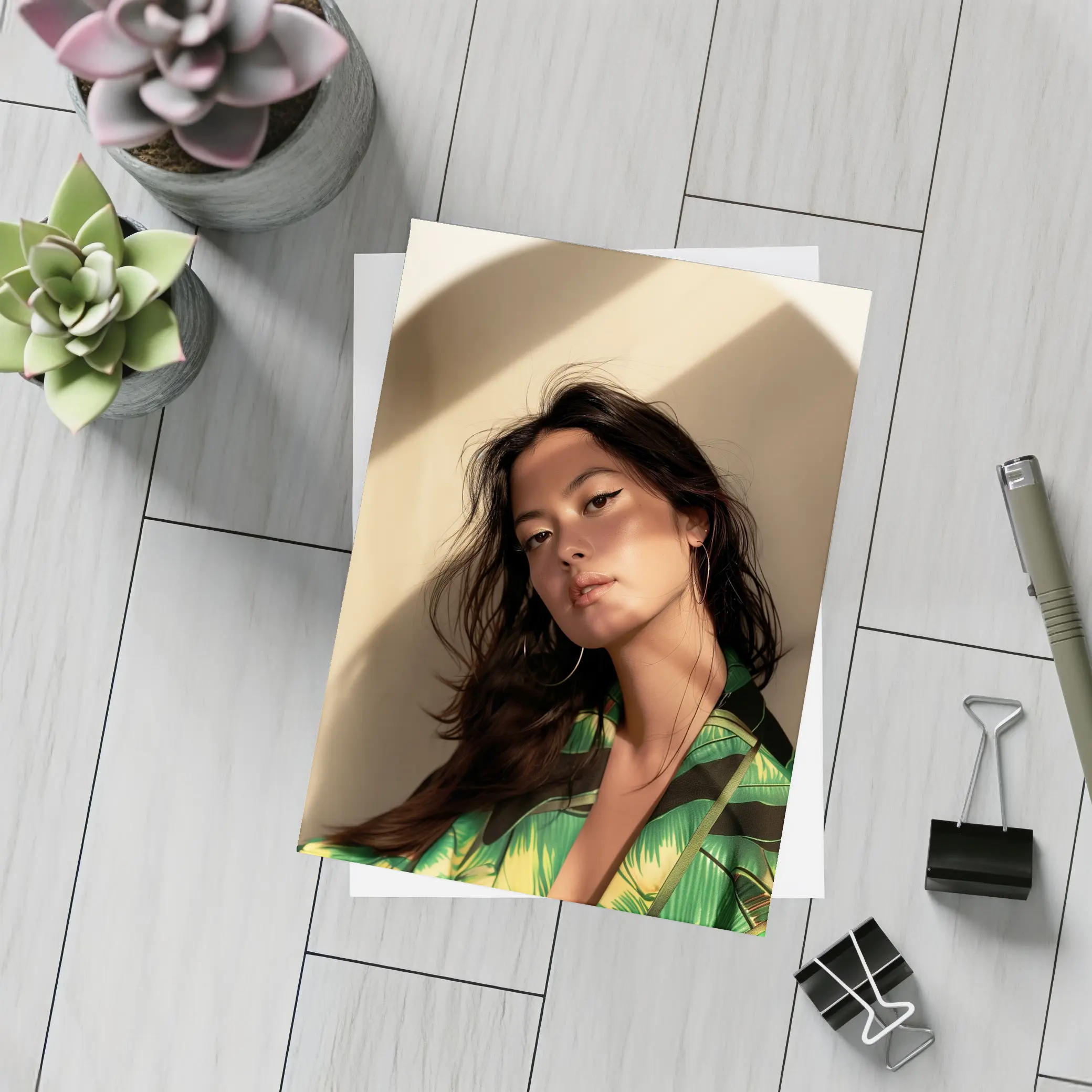 Young Woman Green Tropical Shirt Warm Light – Postcards