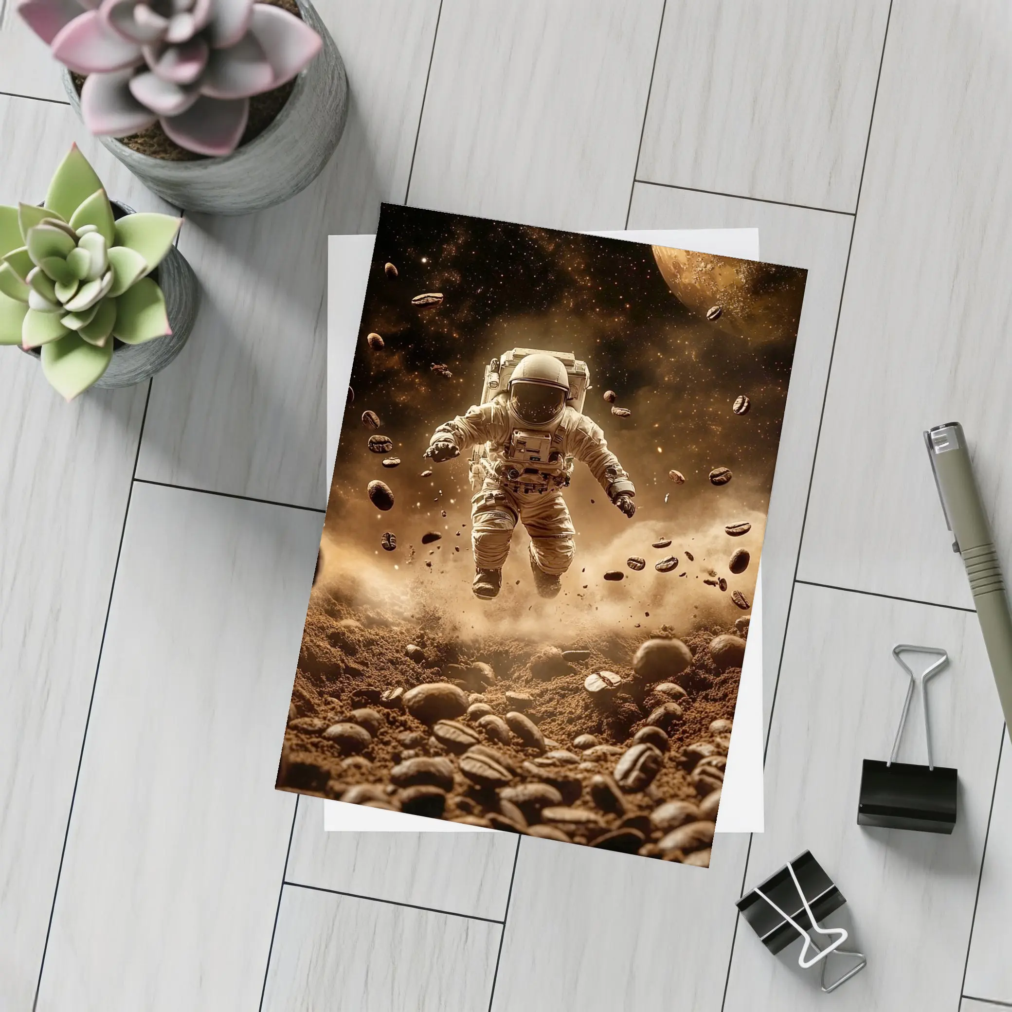 Astronaut Floating Over Coffee Beans Space – Postcards