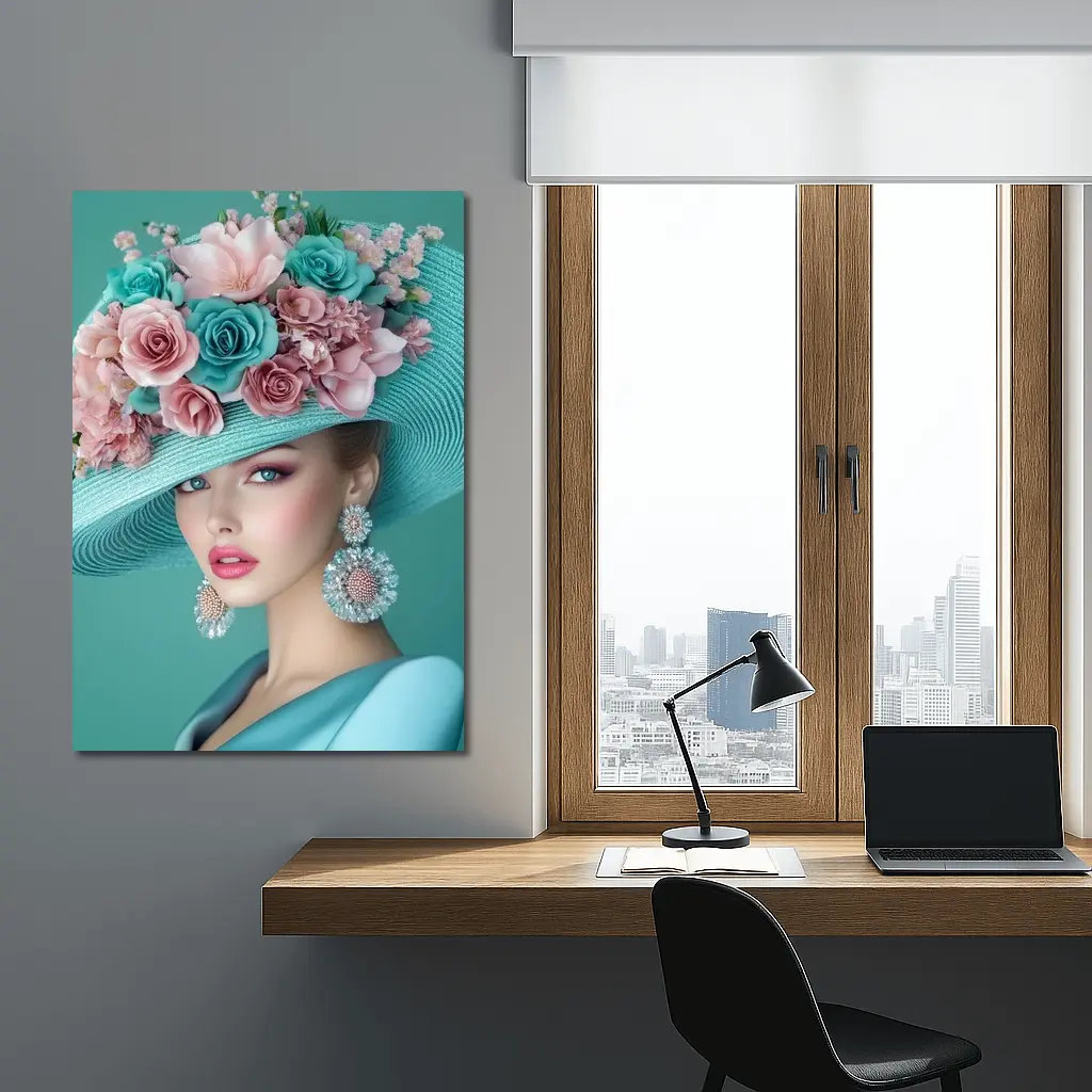 Elegant Woman Floral Hat Teal Background – Wall Art