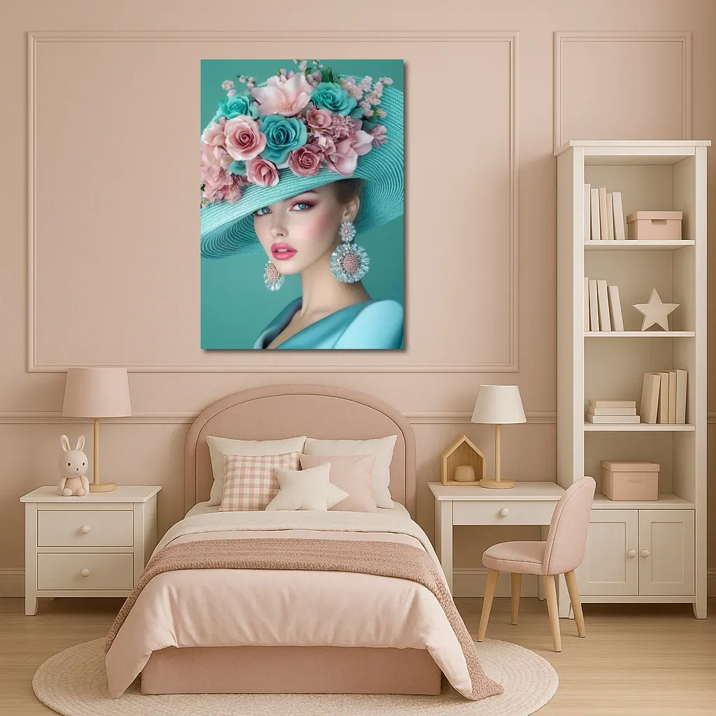 Elegant Woman Floral Hat Teal Background – Wall Art