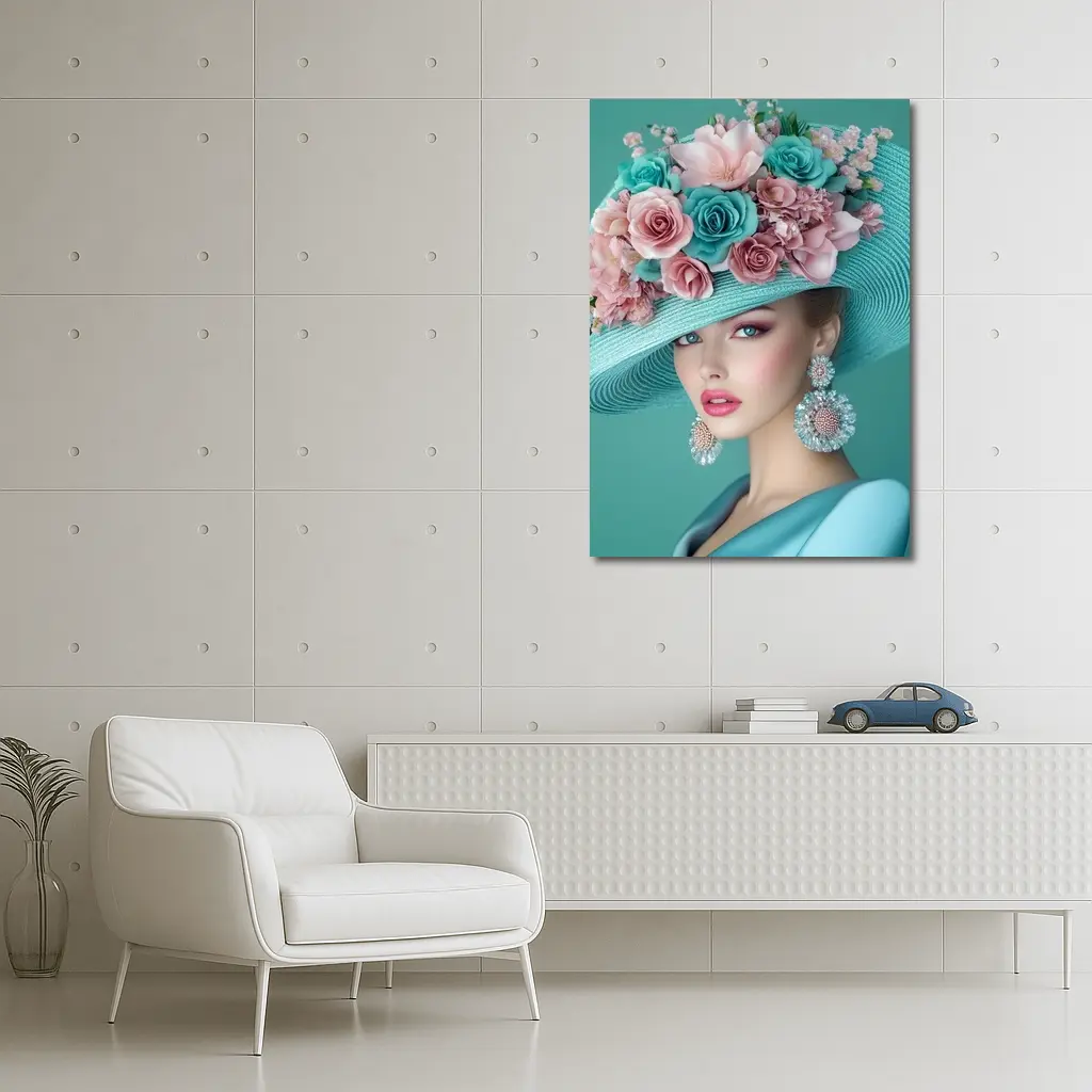 Elegant Woman Floral Hat Teal Background – Wall Art