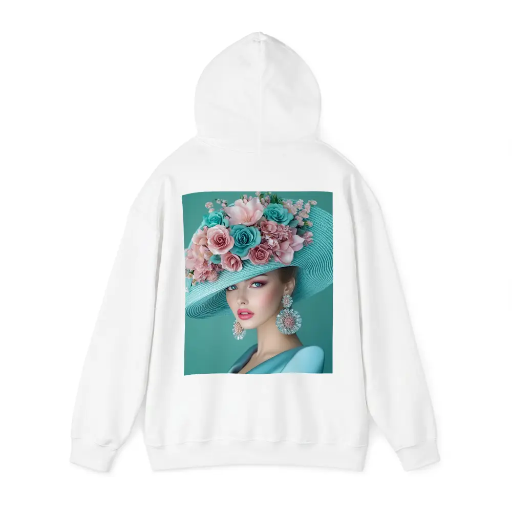 Elegant Woman Floral Hat Teal Background – Hoodies