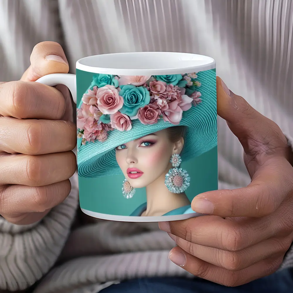 Elegant Woman Floral Hat Teal Background – Mugs
