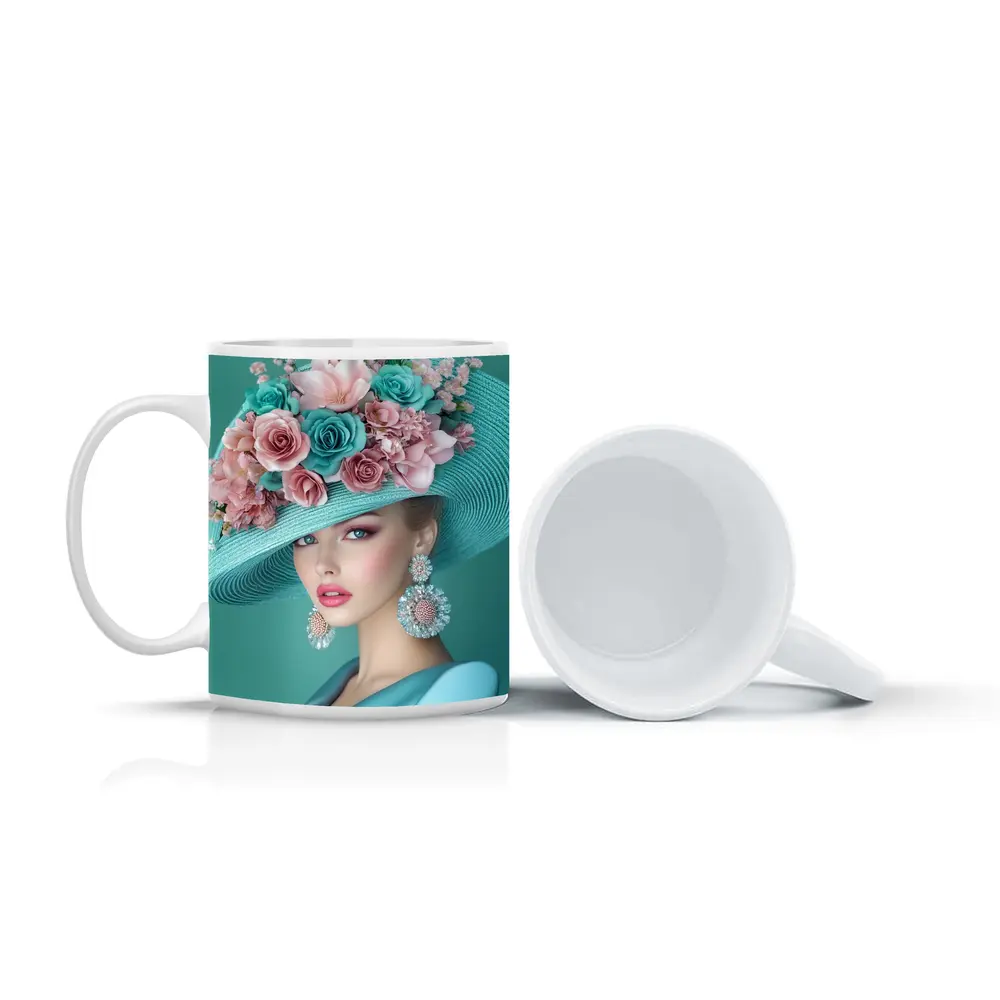 Elegant Woman Floral Hat Teal Background – Mugs