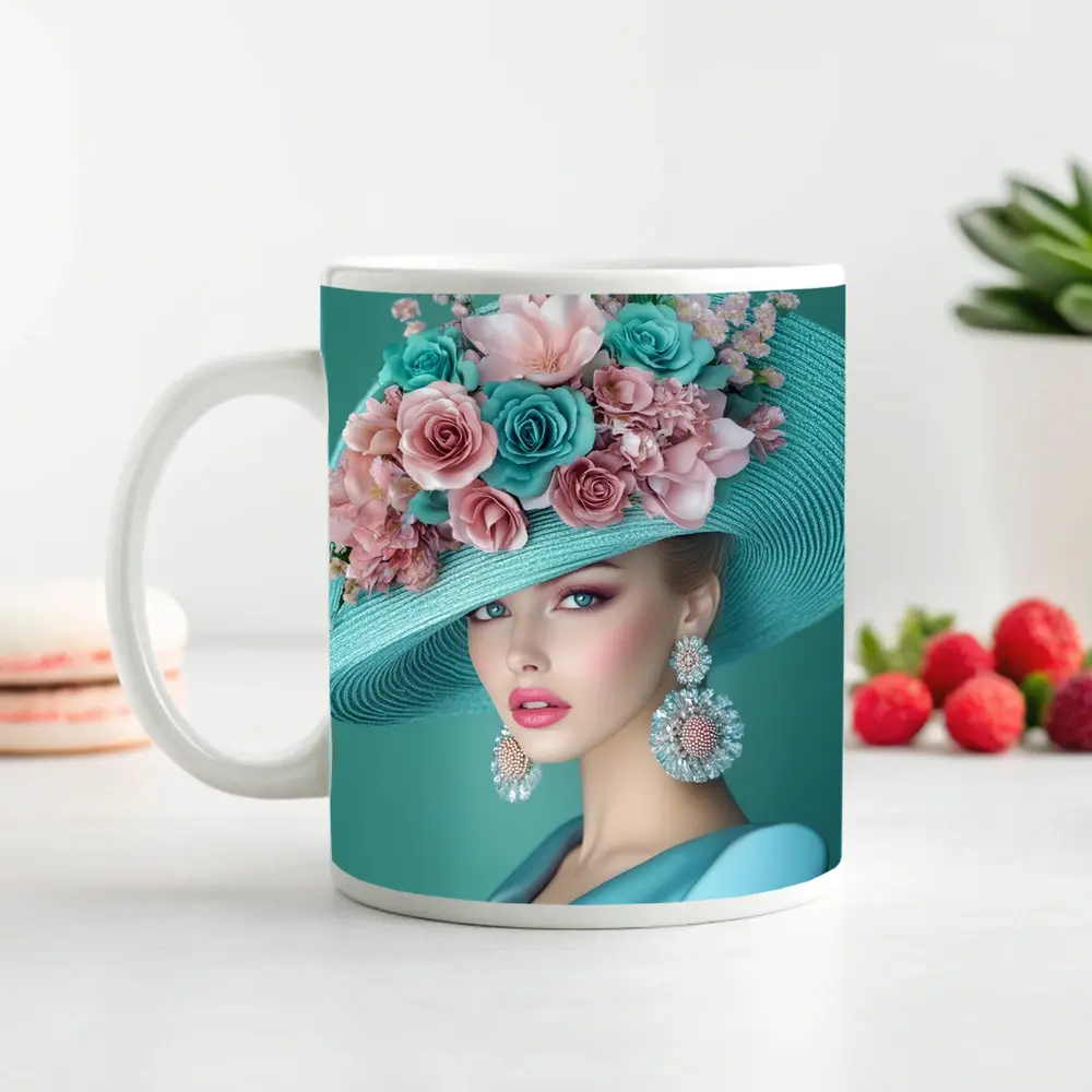 Elegant Woman Floral Hat Teal Background – Mugs
