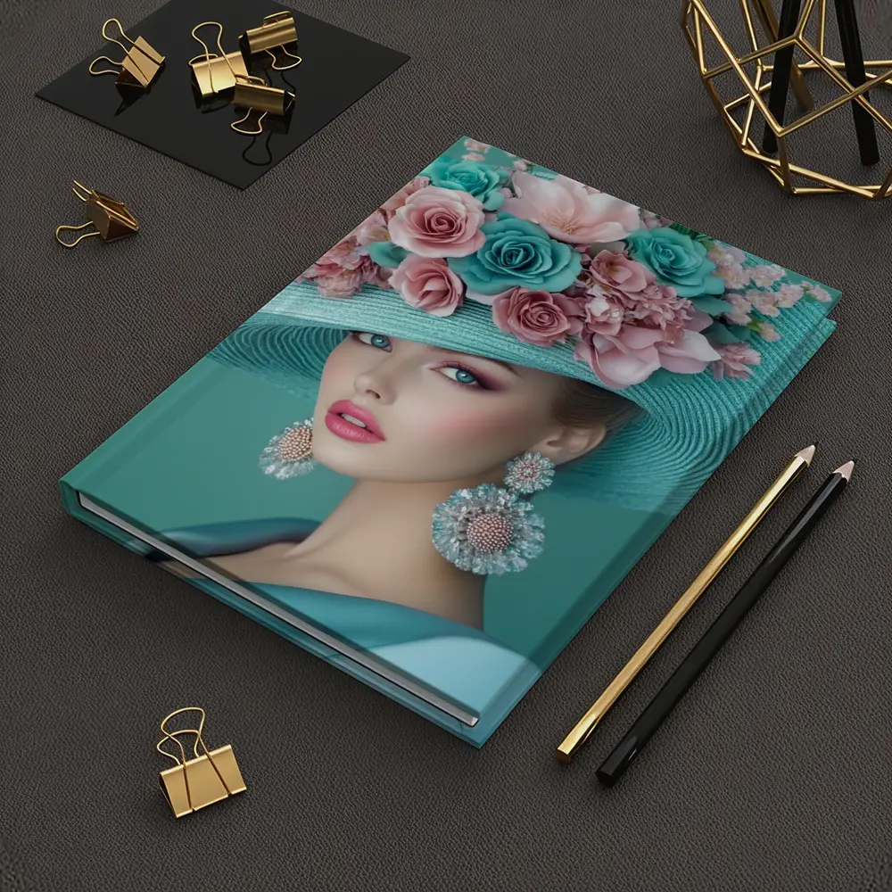 Elegant Woman Floral Hat Teal Background – Notebooks