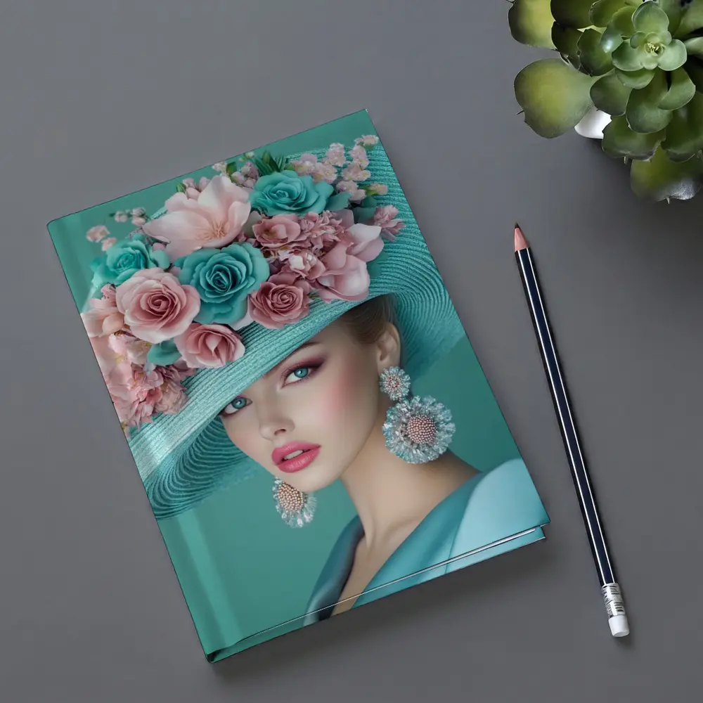 Elegant Woman Floral Hat Teal Background – Notebooks