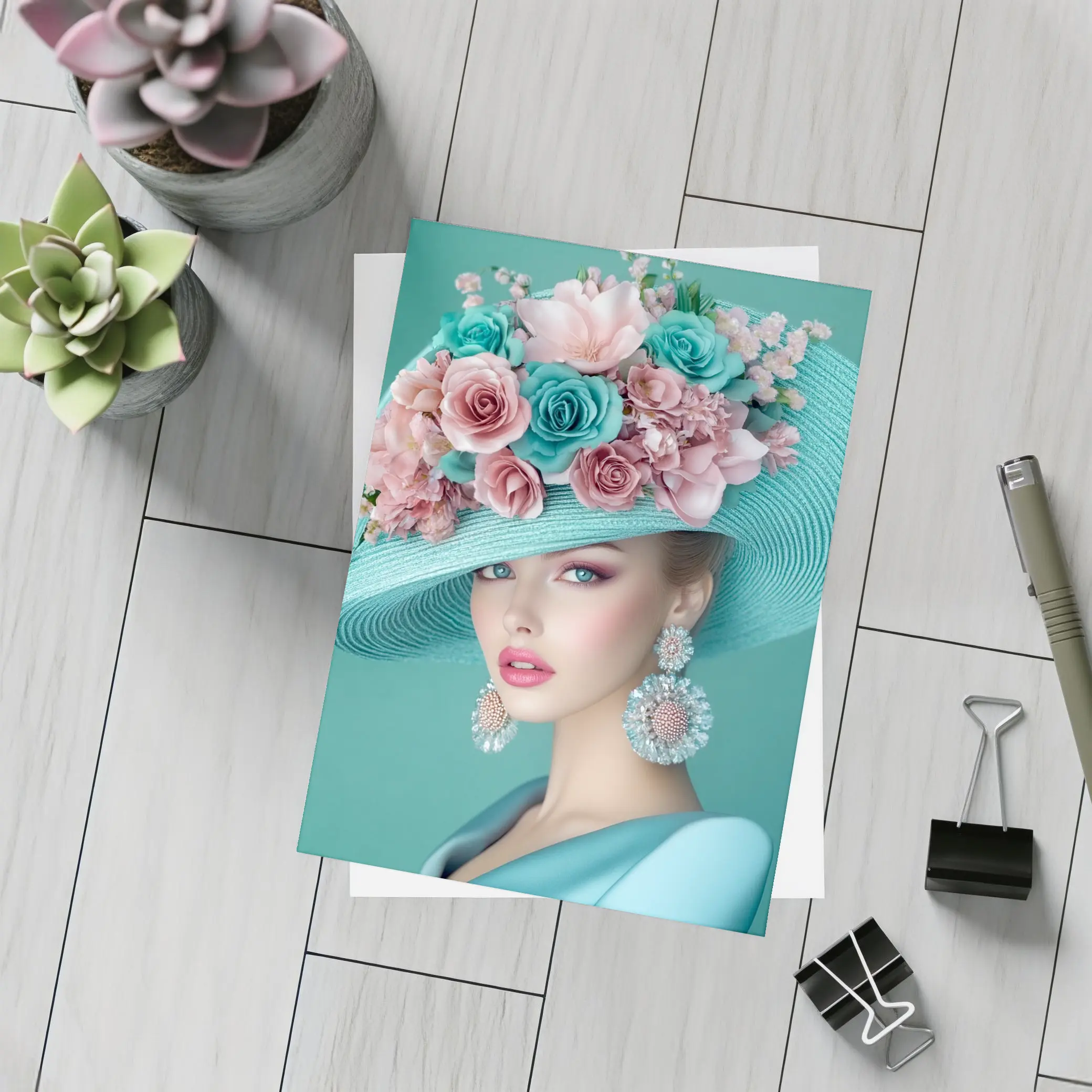 Elegant Woman Floral Hat Teal Background – Postcards