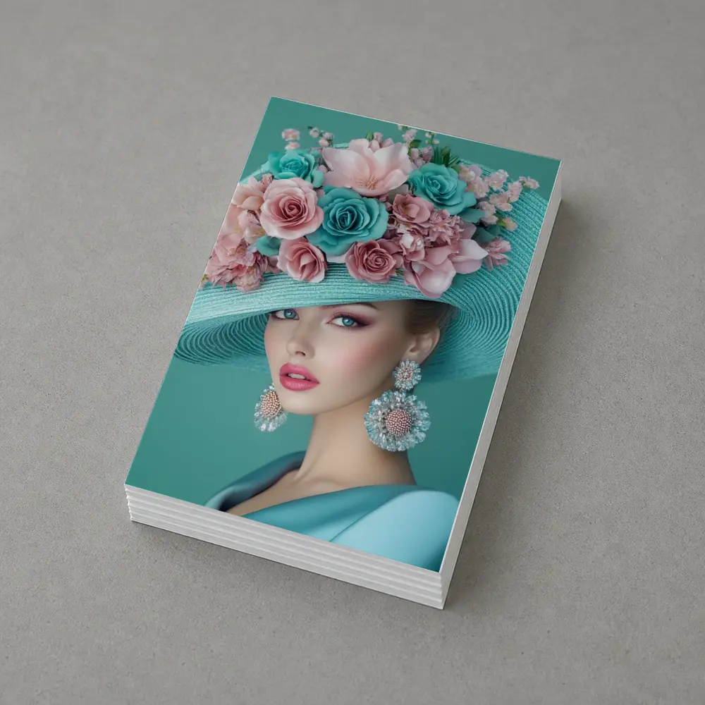 Elegant Woman Floral Hat Teal Background – Postcards