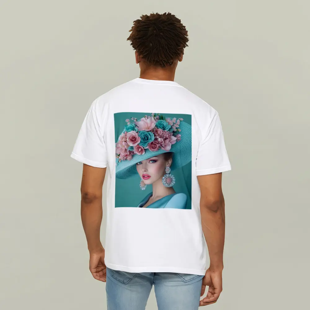 Elegant Woman Floral Hat Teal Background – T-Shirts