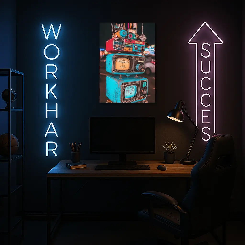 Retro Stacked Vintage TVs Neon Night – Wall Art