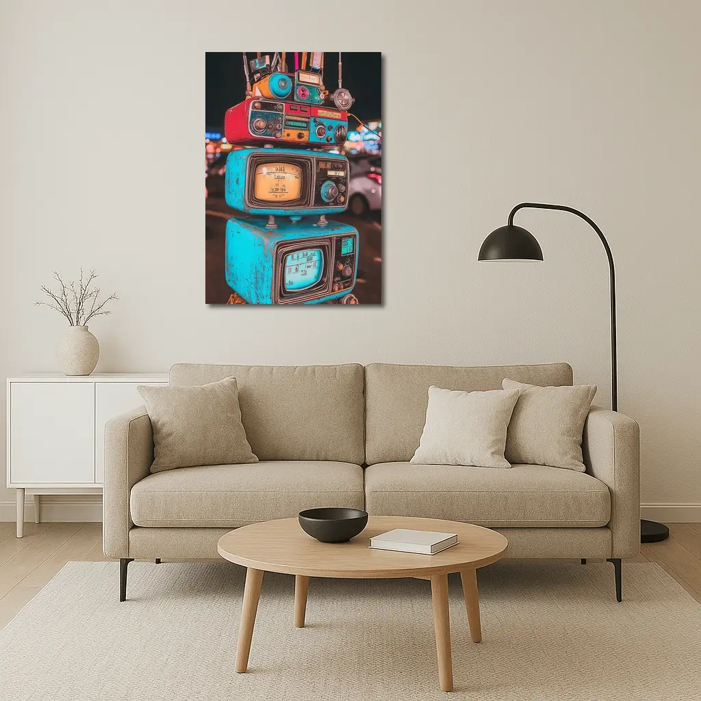 Retro Stacked Vintage TVs Neon Night – Wall Art