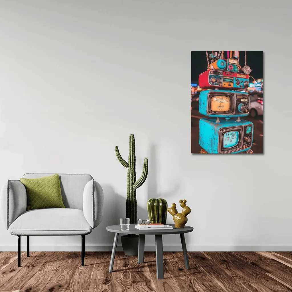Retro Stacked Vintage TVs Neon Night – Wall Art