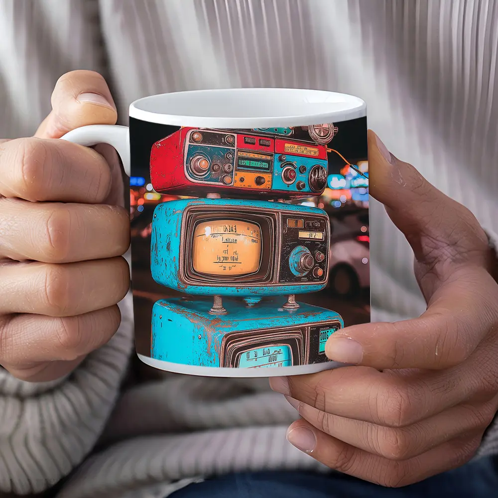 Retro Stacked Vintage TVs Neon Night – Mugs
