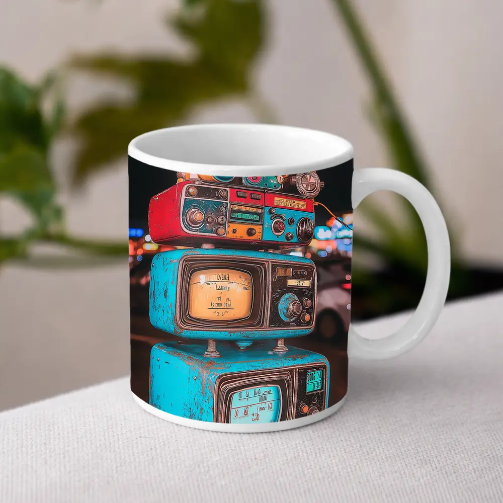 Retro Stacked Vintage TVs Neon Night – Mugs