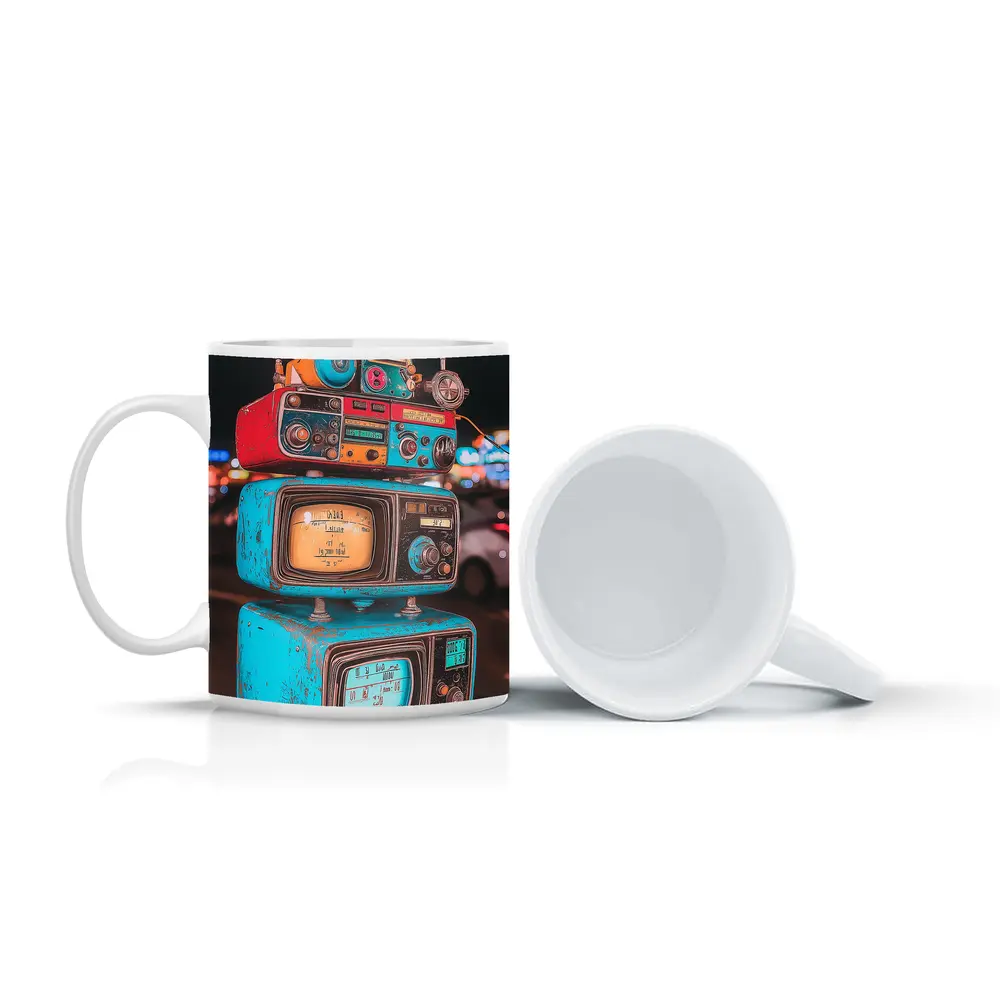 Retro Stacked Vintage TVs Neon Night – Mugs