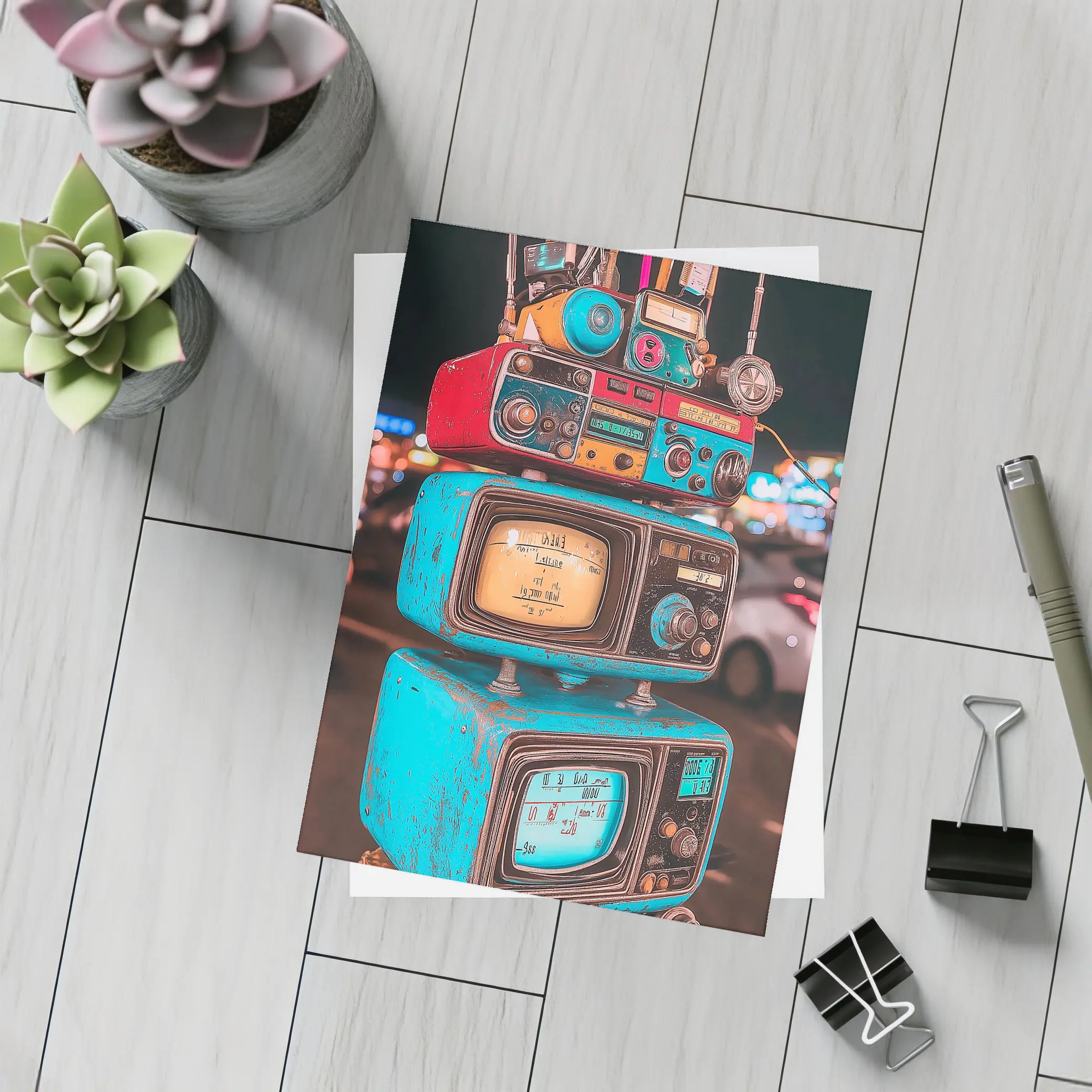 Retro Stacked Vintage TVs Neon Night – Postcards