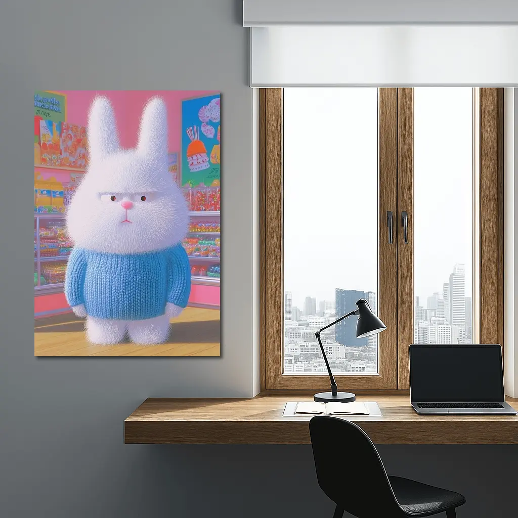 Grumpy Fluffy Bunny in Candy Shop – Wall Art