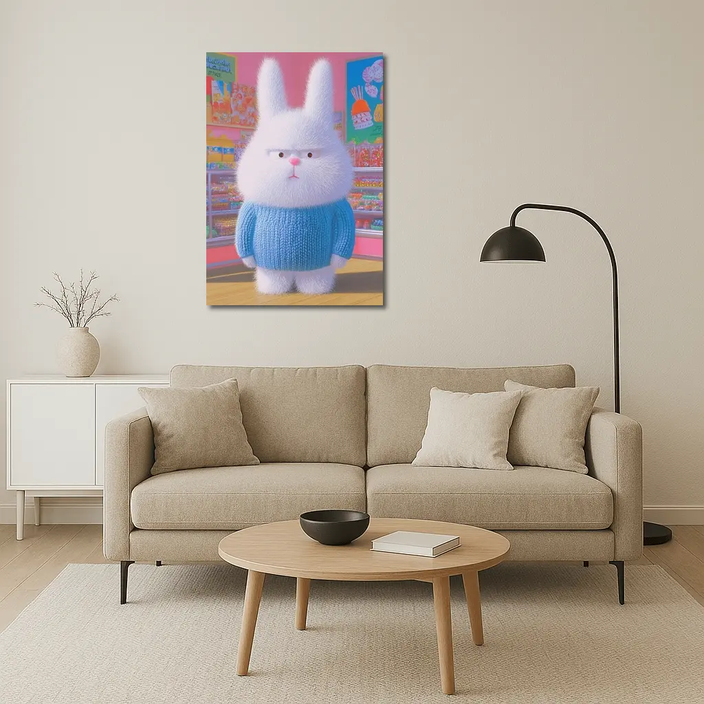 Grumpy Fluffy Bunny in Candy Shop – Wall Art