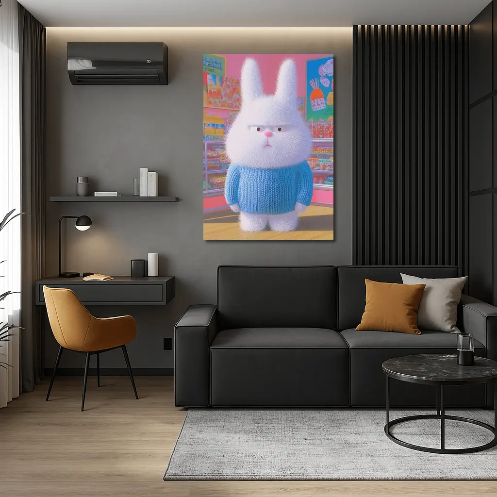 Grumpy Fluffy Bunny in Candy Shop – Wall Art