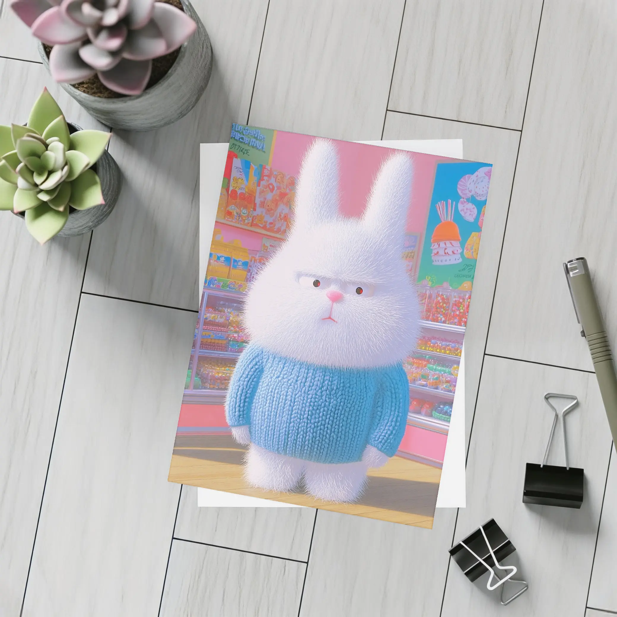 Grumpy Fluffy Bunny in Candy Shop – Postcards