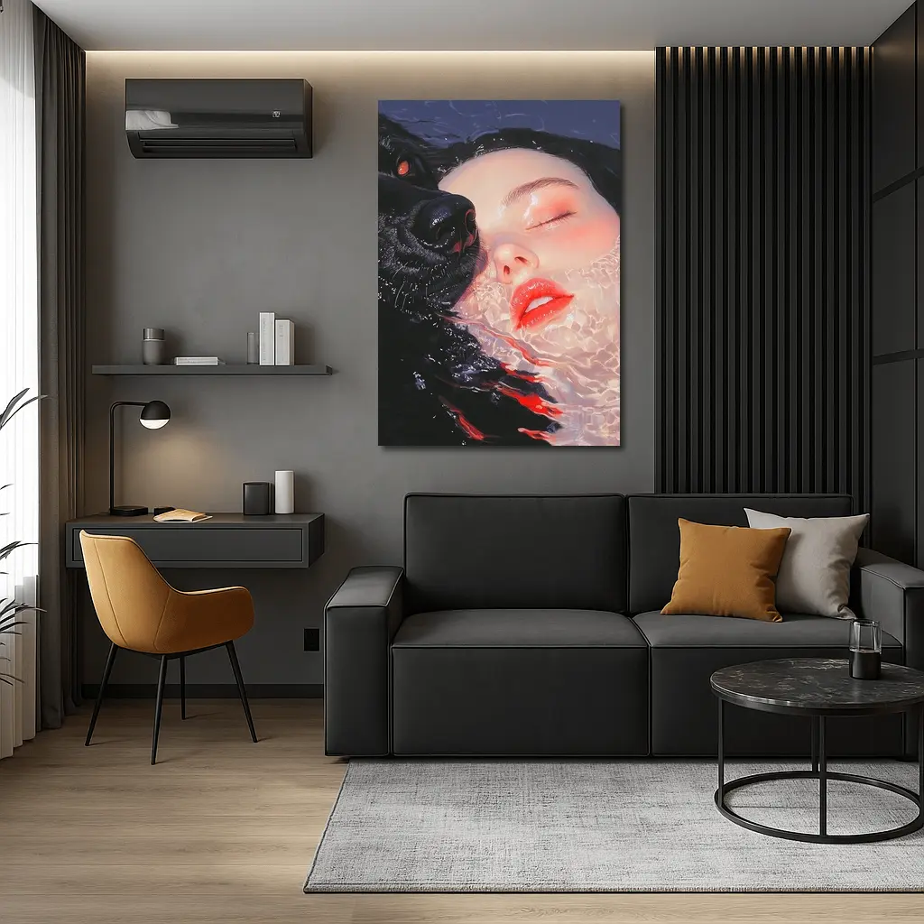 Woman and Black Wolf in Water – Wall Art