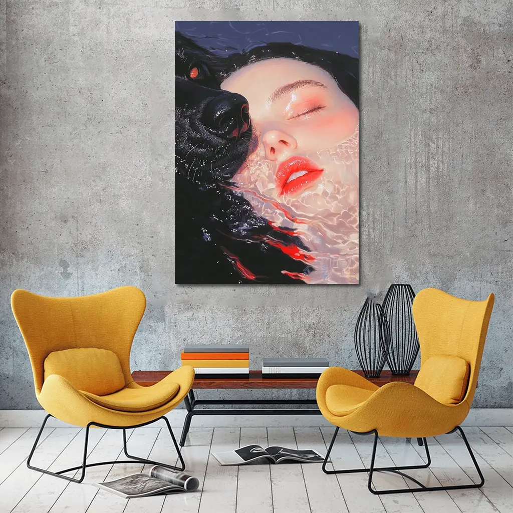 Woman and Black Wolf in Water – Wall Art