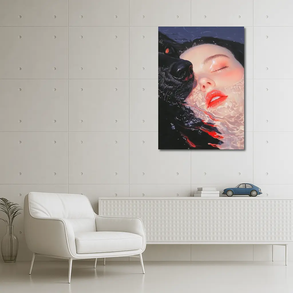Woman and Black Wolf in Water – Wall Art
