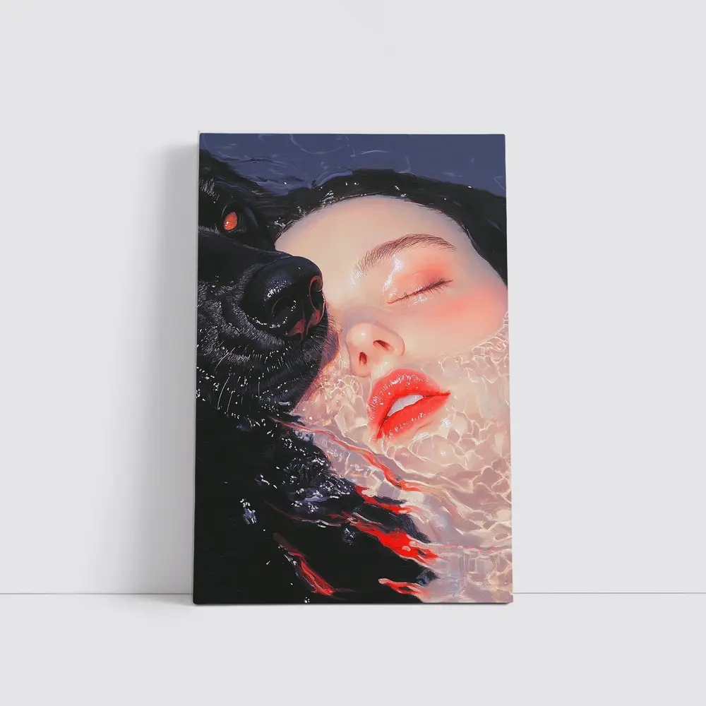 Woman and Black Wolf in Water – Wall Art