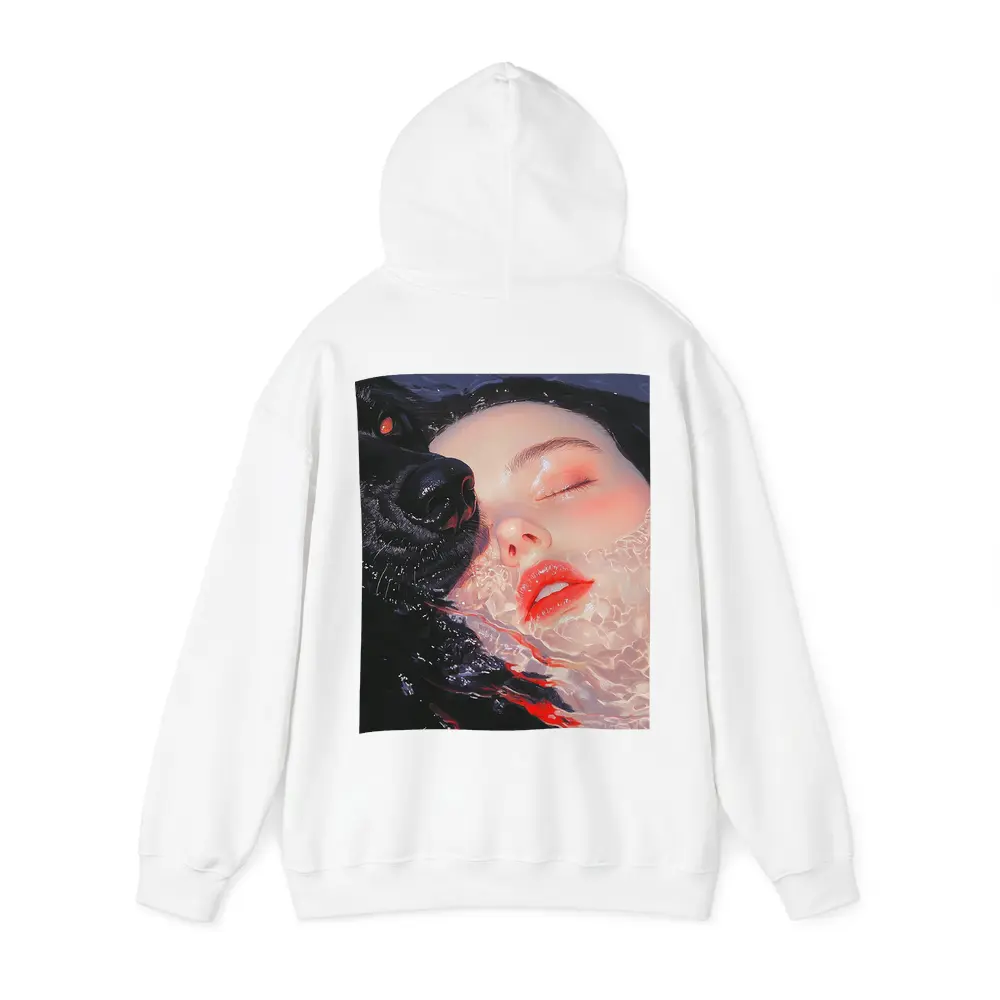 Woman and Black Wolf in Water – Hoodies